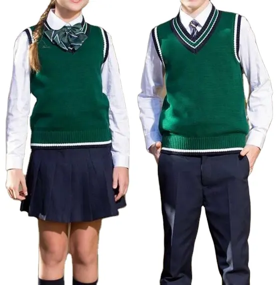 Karşıt düzeltir kolsuz Unisex okul kazak yelek moda özel Logo V boyun yeşil çocuk okul üniforması örme 100