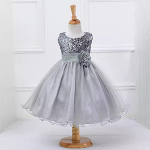 Flower Girls' Dress Silver <b>Sequin</b> Tulle Skirt O-Neck Party Performance Dress For Children - Product Image 1
