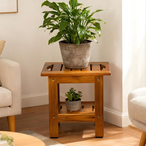Tabouret de douche en bois de teck massif 35x25,5x37,5 cm avec étagère de rangement pour serviettes et articles de bain - Product Image 2