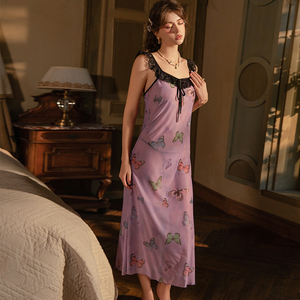 ชุดนอนผ้าชีฟองพิมพ์ลายผีเสื้อสำหรับผู้หญิง 6158 ชุดนอนลูกไม้หวานแบบยาว ชุดนอนเซ็กซี่ - Product Image 6