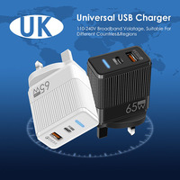 Pengisi Daya Dinding 2-Port USB-C GAN 65W Pengisian Cepat 3.0 untuk Ponsel dengan Colokan EU/US/UK Produk 3-in-1