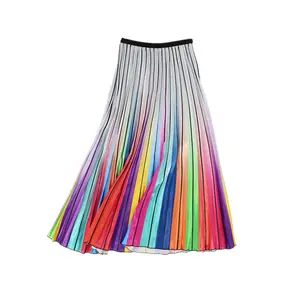 春季新款女裙彩虹条纹a线中小腿裙高街欧式风格高品质a字裙