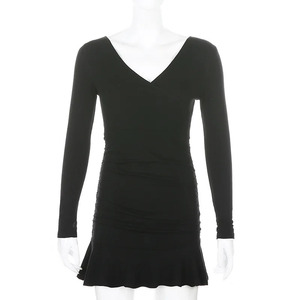 Y2K Europe and America in estate gonna alla moda con scollo <span class=keywords><strong>a</strong></span> V bellissimo abito in stile tinta unita da donna <span class=keywords><strong>a</strong></span> maniche lunghe - Product Image 4