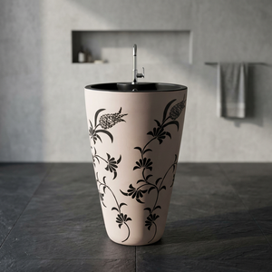 Red Flower Print One Piece Pedestal Wash Basin Asian Design Modern <b>Floor</b> Standing Solid Surface Sink - Product Image 2