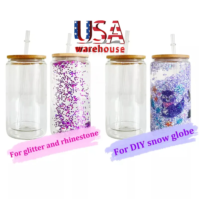 12Oz 16Oz 25Oz Sublimation Frosted Water Bottle Reusable Snowglobe Glitter Clear Beer Can Soda Glass Cup TumblerWith Bamboo Lid