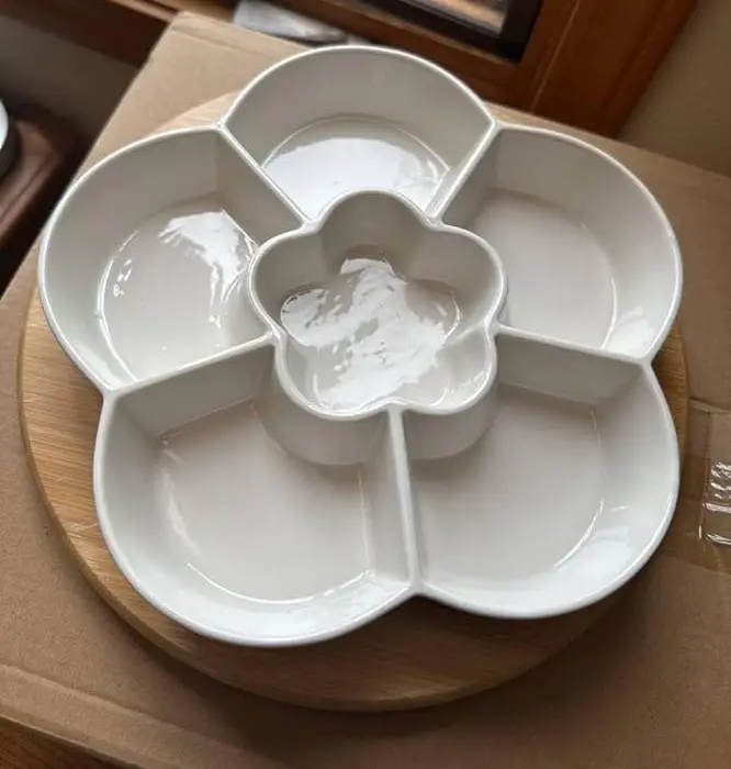 Ceramic Appetizer Sectional Dish with Swivel Bamboo Tray for Chips and Dip Nuts Fruit Veggie Flower Shape