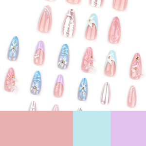 24 <span class=keywords><strong>Uñas</strong></span> Postizas de Verano, Cobertura Completa, Forma Almendrada Mediana, Color <span class=keywords><strong>Azul</strong></span> <span class=keywords><strong>Pastel</strong></span> <span class=keywords><strong>y</strong></span> <span class=keywords><strong>Rosa</strong></span>, con Diseño 3D de Colas de Sirena <span class=keywords><strong>y</strong></span> Flores, Estilo Fresco Costero, Reutilizables - Product Image 3