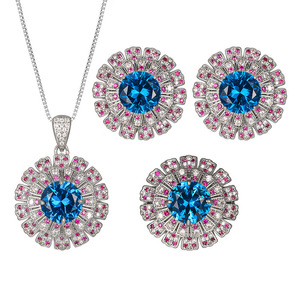 Ensemble de bijoux en zircon bleu de haute qualité, écologique, plaqué argent sur cuivre, coupe ronde 14MM-10MM, motif fleur, pour un look éblouissant - Product Image 1