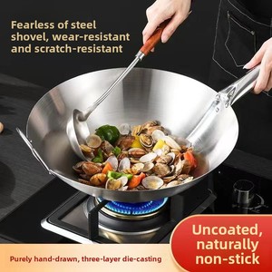 <span class=keywords><strong>Wok</strong></span> de Acero Inoxidable con Doble Asa y Base Cruzada, Olla de Cocina con Mango de Madera, Suministro Comercial Específico para Hoteles - Product Image 3