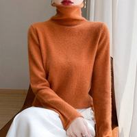 Sweater Turtleneck Wanita 100% Kasmir Oranye, Kerah Tinggi, Lengan Panjang, Rajutan Halus, Sweater Turtleneck Lapisan Dasar, Pullover Leher Tinggi