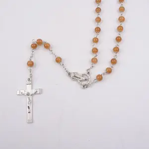 Ожерелье из янтарных бусин для девочек, распятие, четки из стекла, католические четки, оптовая продажа