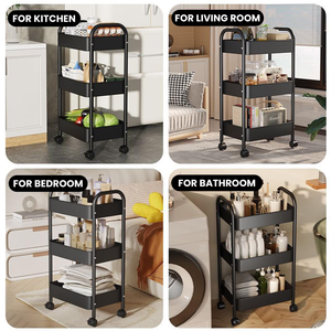Easy Installation Space Saving Folding Rolling Trolley Three Tier <b>Metal</b> Storage <b>Shelf</b> Kitchen Bathroom Storage Trolley - Product Image 4