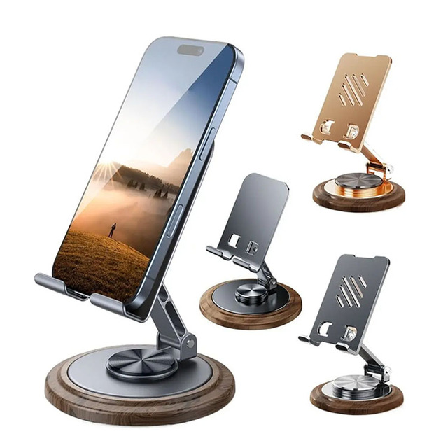 Premium Walnut Wood Grain Foldable Phone Stand Adjustable Multi-Angle Desktop Non-Slip Phone Dock Holder for iPhone iPad Samsung