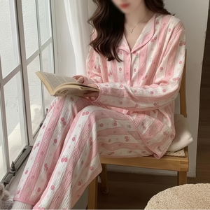 Ensemble de pyjama décontracté 2 pièces en coton nuage pour femme, col à revers, manches longues, pantalon long, style doux et décontracté pour le printemps - Product Image 6