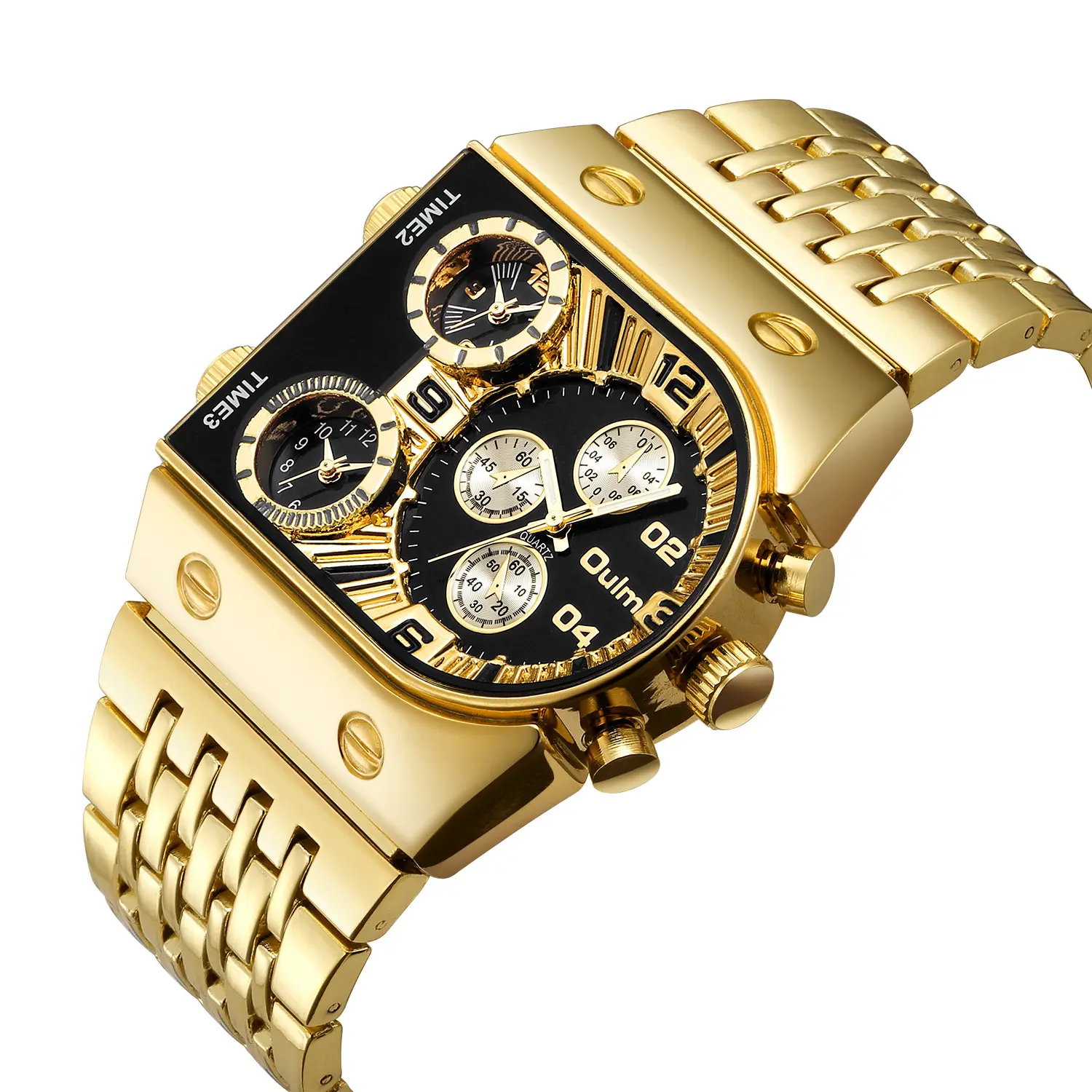 OULM 9315 Multi-Time Zone Large Dial Luminous Men Wrist Watch Steel Band Casual Watch Gold Watch