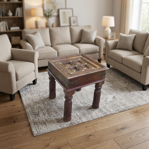 Mesa de centro cuadrada de madera maciza con patas desmontables, mesa auxiliar con detalles en latón, hecha a mano para sala de estar u hotel - Product Image 4