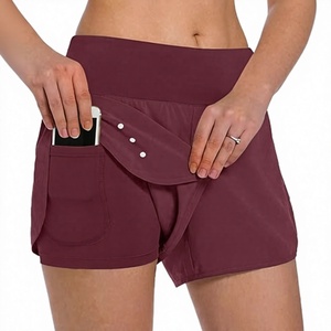 Shorts Deportivos de Punto Color Borgoña para Mujer, Cintura Alta, con Bolsillos, Secado Rápido, Cintura Elástica, Corte Regular - Product Image 1
