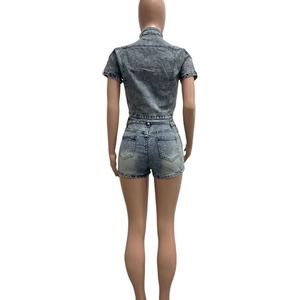 Ensemble court décontracté deux pièces en <span class=keywords><strong>jean</strong></span> délavé et déchiré très élastique pour <span class=keywords><strong>femme</strong></span>, style streetwear tendance, collection été NY8213 - Product Image 5