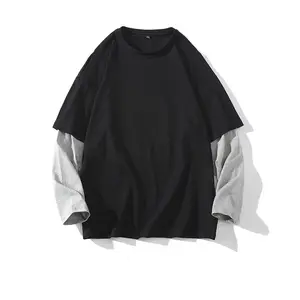 2024 Весенний Новый мужской свитер большого размера Повседневная контрастная Футболка с круглым вырезом и длинным рукавом двойная рубашка для мужчин