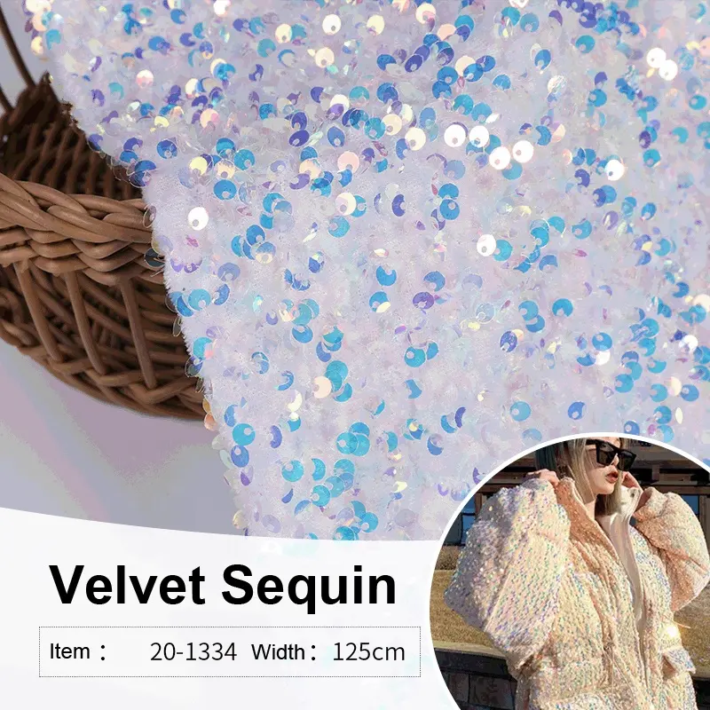 RTS In Stock White Gradient Glitter Shiny Reversible Fish Scale Embroidery Velvet Sequin Fabric For Evening Dress