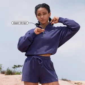 Custom Logo Women'S Sportswear Purple Long Sleeve Sports Top With Zipper Yoga Shorts Fitness Workout Sets