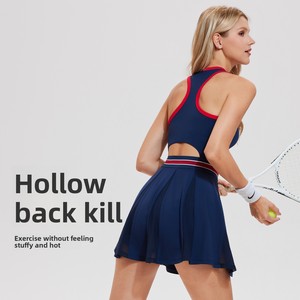 Vestido de tenis a rayas sin mangas para mujer, con cintura elástica y dobladillo esponjoso, transpirable, ajustado, para golf y uso diario, efecto ilusión. - Product Image 2