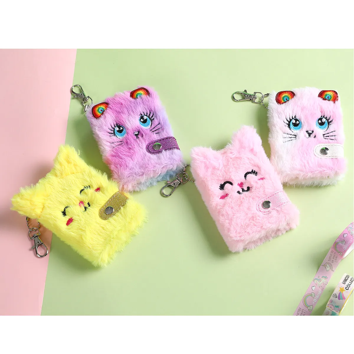 Fuzzy Writing Drawing Pad Personal Journal Diary Notepad Cute Animal Cat Face Plush Mini Pocket Notebook with Keychains