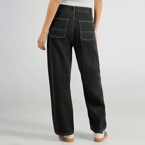 <span class=keywords><strong>Jeans</strong></span> lurus pas badan gaya Vintage wanita, celana <span class=keywords><strong>Jeans</strong></span> kaki lebar Denim polos katun pinggang sedang 100% - Product Image 3