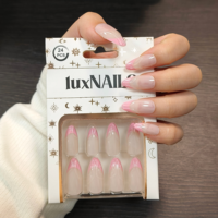 24 faux ongles en ABS réutilisables, rose nude translucide, blanc, style French press, forme amande moyenne, finition brillante, lignes 3D, style Sweet Girl