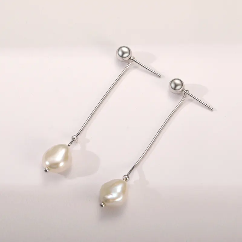 Dropshipping Long Earring Jewelry Making Silver Ear Wire 925 Sterling Silver Snake Chain Drop Freshwater Pearl Earrings