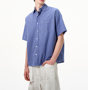 Chemise d'été à carreaux 100 % coton pour homme avec logo personnalisé, col rabattu, coupe oversize, manches courtes, anti-plis, vêtement décontracté - Product Image 2
