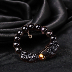 Armband aus Natürlichem Obsidian mit Doppel-Pixiu und Tigerauge-Steinen als Krönendem Abschluss - Product Image 5
