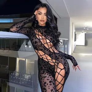 Großhandel Frühling Herbst Langarm Leoparden muster Patchwork Bandage Sexy Clubwear Hollow Out One Piece Black Jumps uit