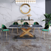 Ensemble de table à manger moderne en marbre avec plateau en ardoise carré, 6 places, table à manger convertible de luxe en or avec chaises et base en acier inoxydable