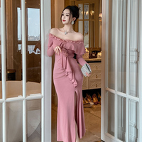ZYHT 20921 Nouvelle Robe Longue Rose à Volants et Col en V en Coton Extensible Coupe Sirène pour Femme, Taille Naturelle Printemps