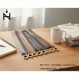 Cinturón de cuero PU recto con hebilla en C de 3,5 cm para mujeres y hombres, accesorio de moda - Product Image 3