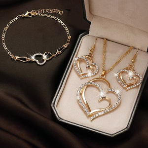 Fashionable Popular Gold Plated Love Heart Diamond Pendant Jewelry Set Double Peach Heart Necklace <strong>Bracelet</strong> Earrings <strong>Combo</strong> - Product Image 1