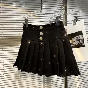 Falda corta plisada con diamantes de imitación para Mujer, minifalda informal de Color liso, alta calidad, 2021