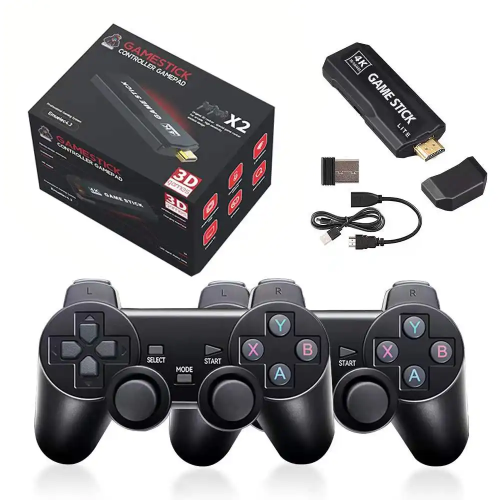 Consoles de jeu pour N64/PSP/PS1 Construit en 30000 Jeux Game Stick X2 GD10 pour Retro Black Color Box 4k Abs 2.4G Wireless Gamepad * 2