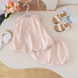 Set Estivo 2025 per <span class=keywords><strong>Ragazze</strong></span>, Nuovo Stile alla <span class=keywords><strong>Moda</strong></span> con Fiocco, Canotta Senza Maniche Tinta Unita + Pantaloncini, Abito Monocolore per <span class=keywords><strong>Ragazze</strong></span> - Product Image 2