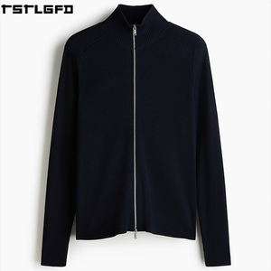 Cárdigan de punto acanalado para hombre, azul marino, corte ajustado, cremallera bidireccional, cuello alto, estilo urbano, suéteres para hombre, fabricantes al por mayor - Product Image 4