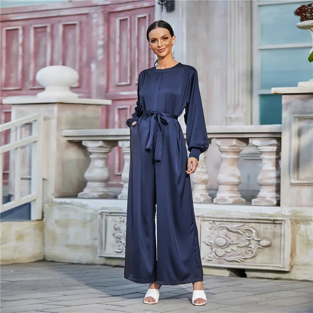 Mulheres Elegante Macacão de Cetim Árabe Turco Islâmico Dubai Moda Largas Calças Perna Playsuit Bodysuit Africano Vestuário Muçulmano