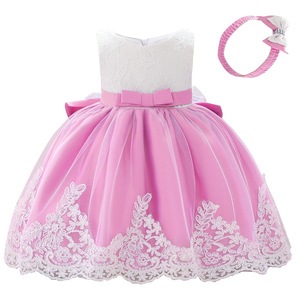 Vestido de Princesa con Encaje para Bebés y Niñas Pequeñas, Diseño de Bloques de Color con Lazo, Traje para Fiesta de Primer Cumpleaños - Product Image 1