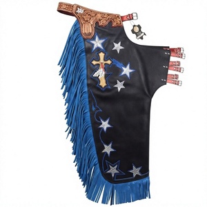 Cuissardes en cuir Western taille haute style cowboy avec franges bleues, broderie étoile et croix, faites à la main, longueur intégrale, unisexe, pour le Rodeo - Product Image 1