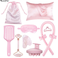 Kit de Soins Capillaires Personnalisé Wanmei avec Sac en Satin : Brosse Démêlante, Fer à Boucler Sans Chaleur, Brosse à Shampooing, Peigne Creux, Gua Sha, Rouleau de Jade