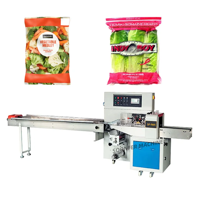 Bolsa De Almohada de flujo comercial totalmente automática, máquina de envasado de alimentos, lechuga y verduras