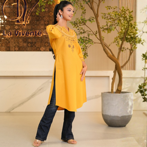 Premium Mustard Yellow Linen <b>Kurta</b> <b>Top</b> Bulk Wholesale Apparel High End for Women - Product Image 4