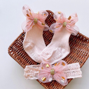 Moda çocuk çocuk pamuk kablo örgü çorap kız bebek dikey çizgili dantel yay çorap ve saç bandı seti - Product Image 6