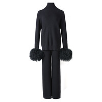 Printemps couleur unie pull doux pantalon ensembles pull à col roulé fourrure mongole poignets 2 pièces ensemble pour les femmes