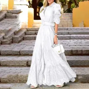 Vestido largo de encaje con cinturón para mujer, vestidos elegantes informales para playa